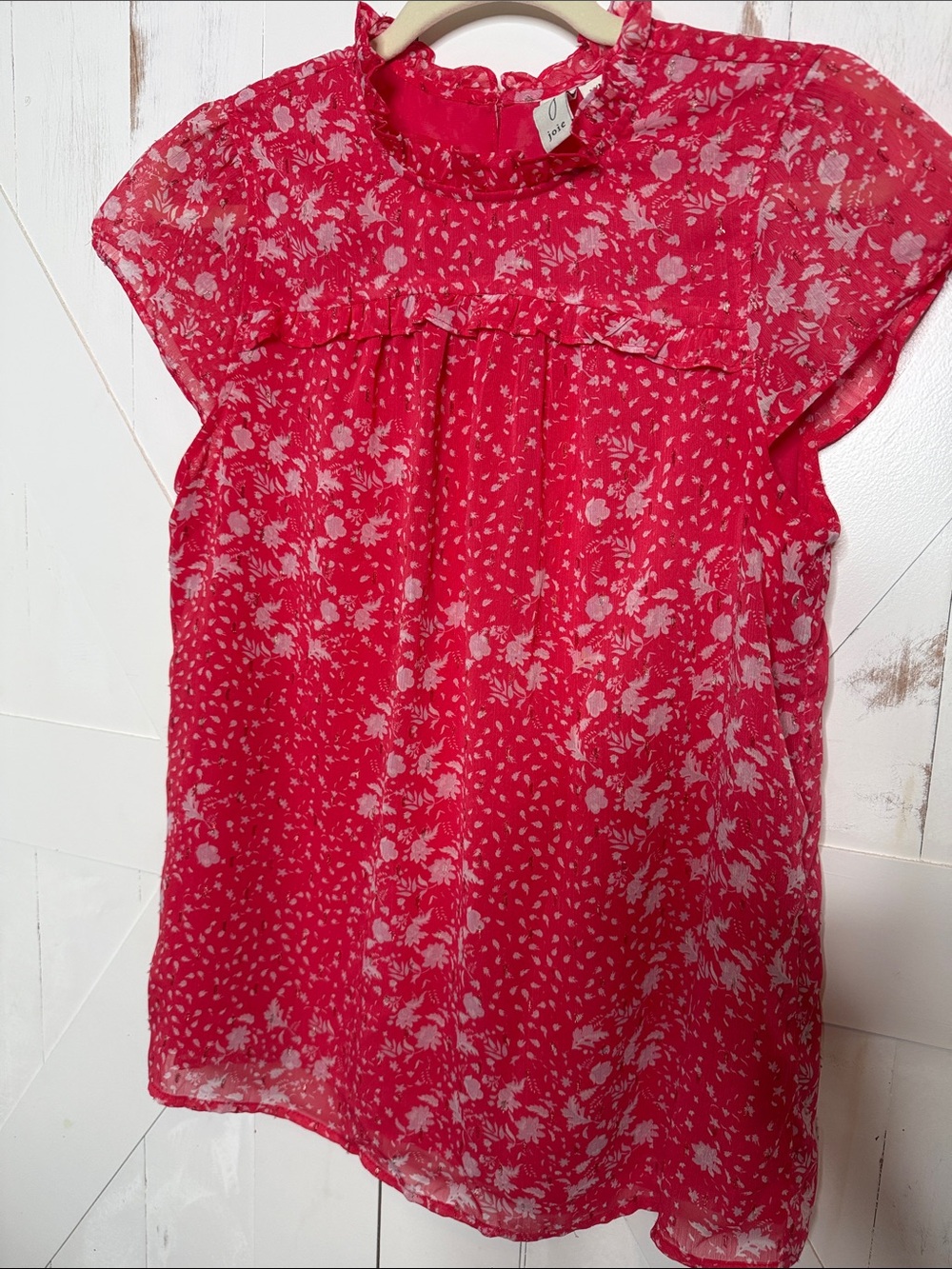 Joie Red-Pink Floral Ruffle Neck Blouse - Picture 2 of 11